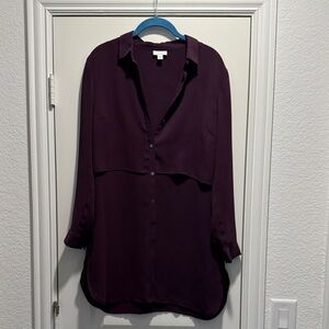 Deep burgundy button down, tiered tunic, long sleeves button sleeves